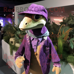 Purple Coelophysis mascot costume character dressed with a Cardigan and Hats