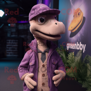 Purple Coelophysis mascot costume character dressed with a Cardigan and Hats
