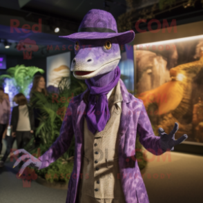 Purple Coelophysis mascot costume character dressed with a Cardigan and Hats