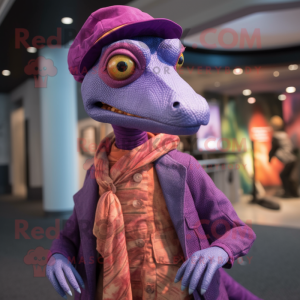 Purple Coelophysis mascot costume character dressed with a Cardigan and Hats