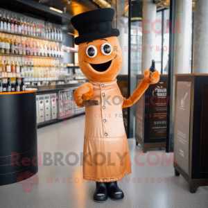 Rust Champagne mascot costume character dressed with a Pencil Skirt and Caps