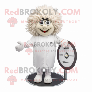 White Petanque Ball mascot costume character dressed with a Coat and Hair clips