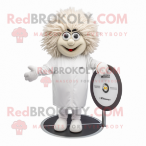 White Petanque Ball mascot costume character dressed with a Coat and Hair clips