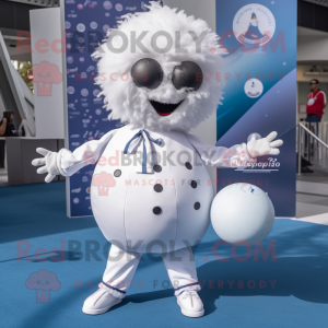 White Petanque Ball mascot costume character dressed with a Coat and Hair clips