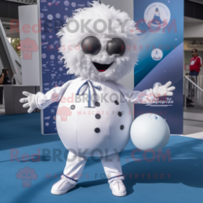White Petanque Ball mascot costume character dressed with a Coat and Hair clips