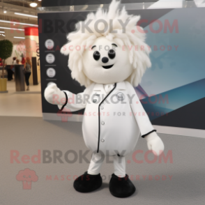 White Petanque Ball mascot costume character dressed with a Coat and Hair clips