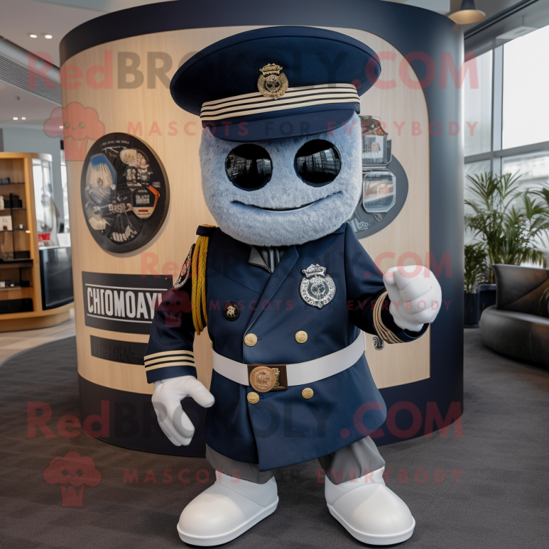 Navy Commando mascot costume character dressed with a Circle Skirt and Hat pins