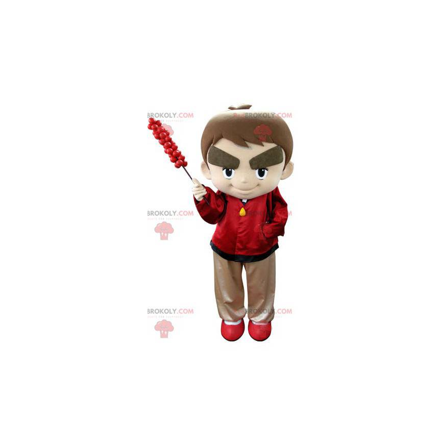 Mascote garotinho vestido de vermelho com sobrancelhas grandes