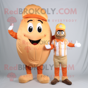 Peach French Fries mascot costume character dressed with a Henley Tee and Foot pads