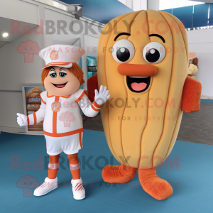 Peach French Fries mascot costume character dressed with a Henley Tee and Foot pads