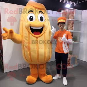 Peach French Fries mascot costume character dressed with a Henley Tee and Foot pads