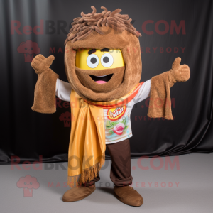 Brown Ramen mascot costume character dressed with a Flare Jeans and Scarves
