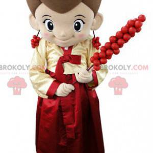 Garota mascote vestida de vermelho e amarelo - Redbrokoly.com