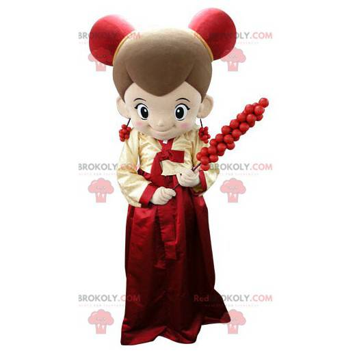 Garota mascote vestida de vermelho e amarelo - Redbrokoly.com