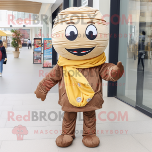 Brown Ramen mascot costume character dressed with a Flare Jeans and Scarves