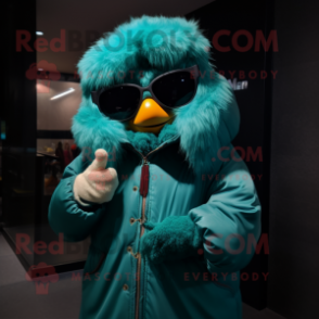 Teal Queen mascot costume character dressed with a Parka and Sunglasses