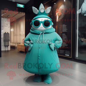 Teal Queen mascot costume character dressed with a Parka and Sunglasses