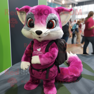 Magenta Civet mascot costume character dressed with a Blouse and Backpacks