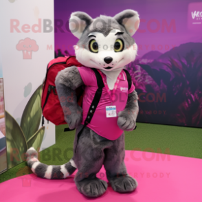 Magenta Civet mascot costume character dressed with a Blouse and Backpacks