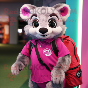 Magenta Civet mascot costume character dressed with a Blouse and Backpacks