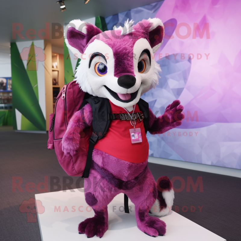 Magenta Civet mascot costume character dressed with a Blouse and Backpacks