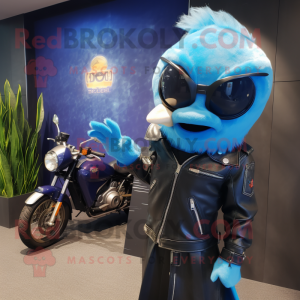 Blue Goldfish mascot costume character dressed with a Biker Jacket and Watches