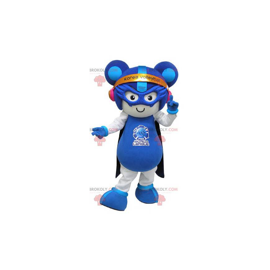 White and blue mouse mascot in futuristic outfit -