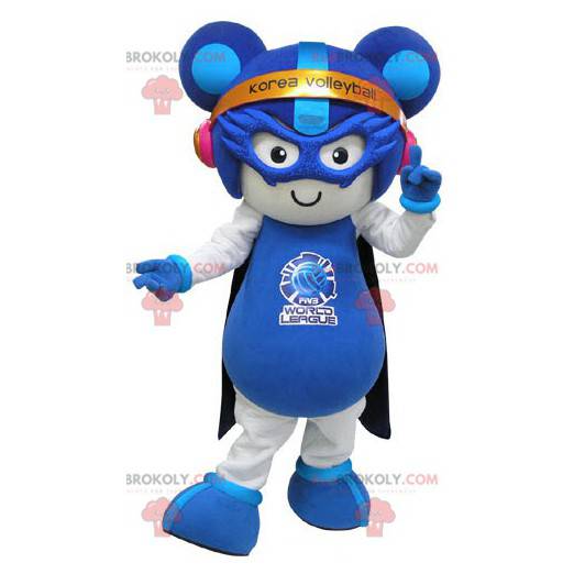 White and blue mouse mascot in futuristic outfit -