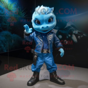 Blue Goldfish mascot costume character dressed with a Biker Jacket and Watches