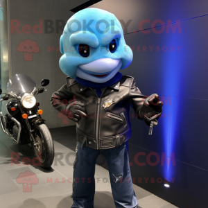 Blue Goldfish mascot costume character dressed with a Biker Jacket and Watches