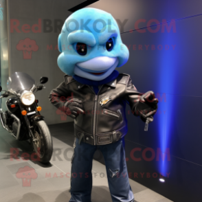 Blue Goldfish mascot costume character dressed with a Biker Jacket and Watches