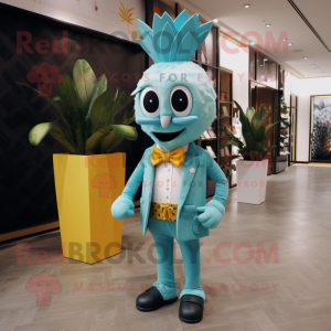 Cyan Pineapple mascot costume character dressed with a Trousers and Bow ties