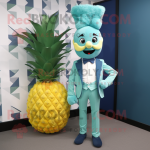 Cyan Pineapple mascot costume character dressed with a Trousers and Bow ties