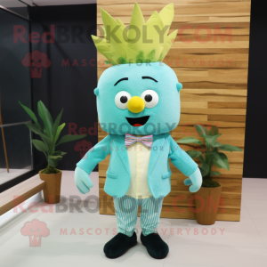 Cyan Pineapple mascot costume character dressed with a Trousers and Bow ties