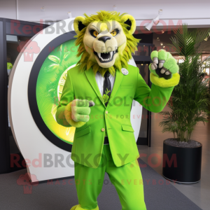 Lime Green Smilodon mascot costume character dressed with a Blazer and Rings