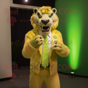 Lime Green Smilodon mascot costume character dressed with a Blazer and Rings