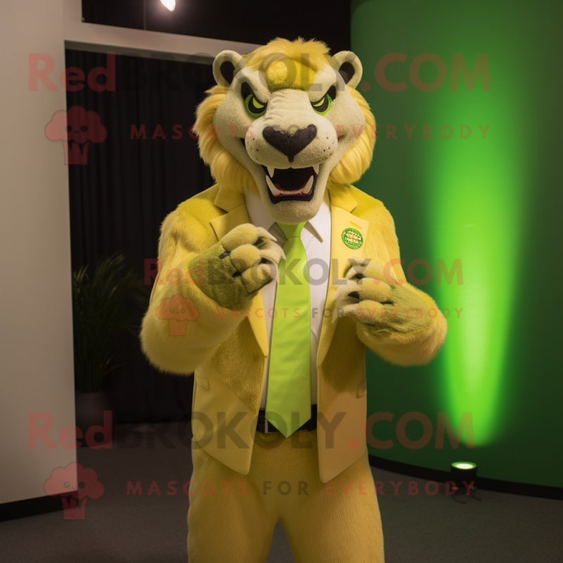 Lime Green Smilodon mascot costume character dressed with a Blazer and Rings Lime Green Smilodon mascot costume character dressed with a Blazer and Rings