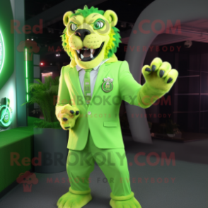 Lime Green Smilodon mascot costume character dressed with a Blazer and Rings