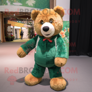 Green Bear mascot costume character dressed with a Corduroy Pants and Hair clips