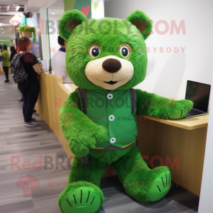 Green Bear mascot costume character dressed with a Corduroy Pants and Hair clips