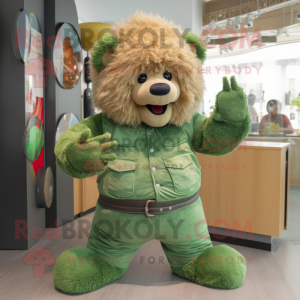 Green Bear mascot costume character dressed with a Corduroy Pants and Hair clips