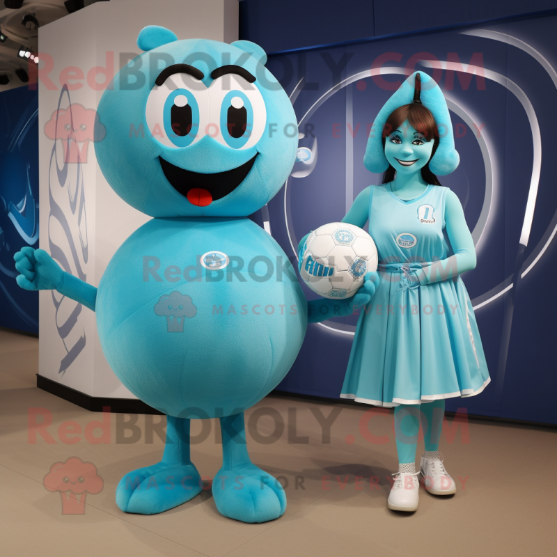 Cyan Handball Ball mascot costume character dressed with a Midi Dress and Coin purses Cyan Handball Ball mascot costume character dressed with a Midi Dress and Coin purses
