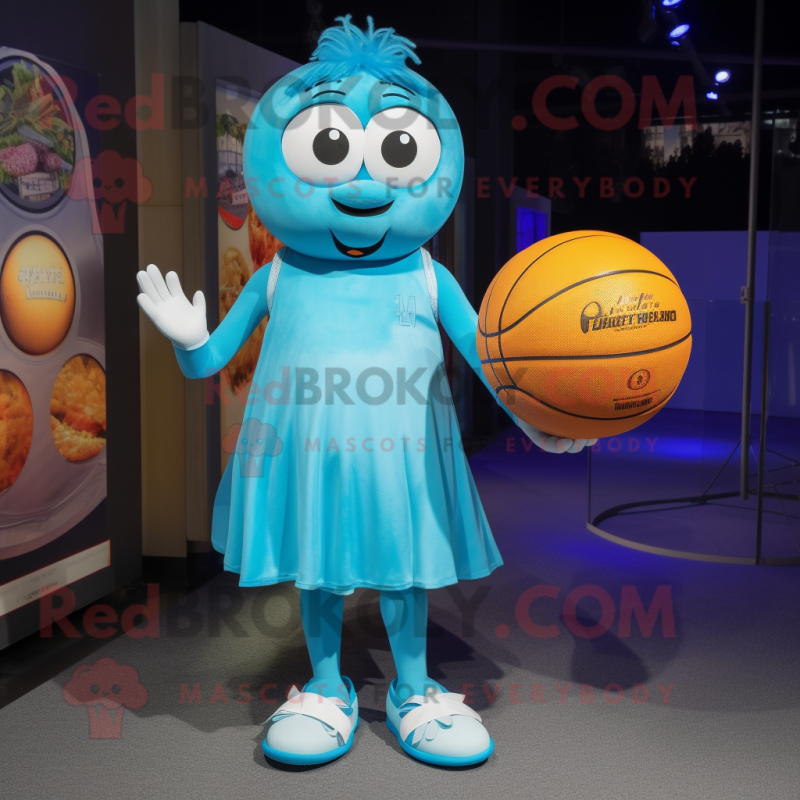 Cyan Handball Ball mascot costume character dressed with a Midi Dress and Coin purses Cyan Handball Ball mascot costume character dressed with a Midi Dress and Coin purses