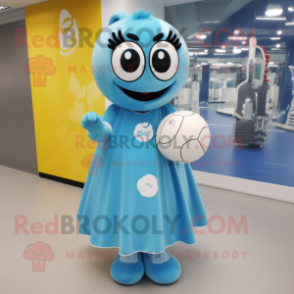 Cyan Handball Ball mascot costume character dressed with a Midi Dress and Coin purses