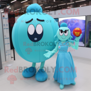 Cyan Handball Ball mascot costume character dressed with a Midi Dress and Coin purses