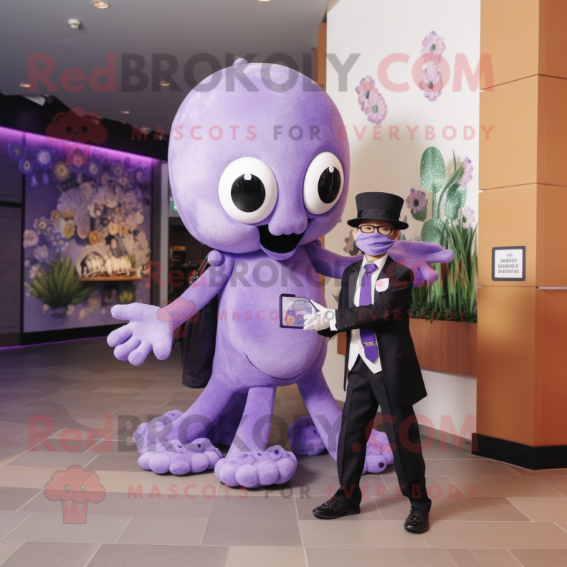 Lavender Octopus mascot costume character dressed with a Tuxedo and Backpacks Lavender Octopus mascot costume character dressed with a Tuxedo and Backpacks