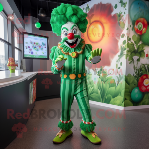 Green Clown mascot costume character dressed with a Graphic Tee and Earrings