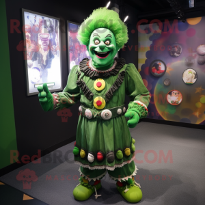 Green Clown mascot costume character dressed with a Graphic Tee and Earrings