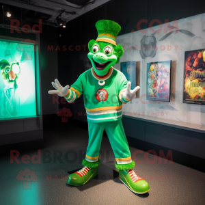 Green Clown mascot costume character dressed with a Graphic Tee and Earrings