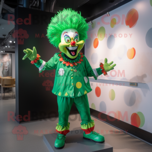 Green Clown mascot costume character dressed with a Graphic Tee and Earrings